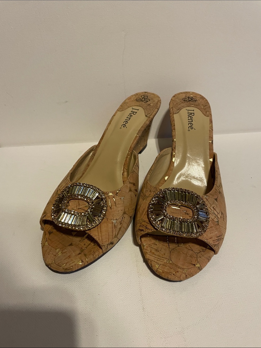 J.Renee Cork Peep-Toe Mules with Jeweled Buckle - Tan